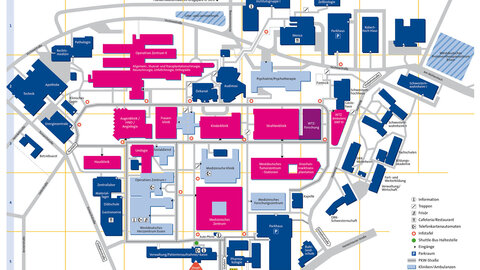 Detaillierter Lageplan zeigt alle Gebäude der Universitätsklinik Essen.