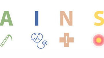 Buchstaben A, I, N, S in verschiedenen Farben, jeweils gepaart mit Symbolen: Spritze, Stethoskop, Erste Hilfe Kreuz und Zielscheibe. Das Design vermittelt ein Gesundheitsthema.