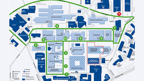 Lageplan zeigt Route des Patientenshuttlebusses.