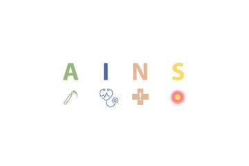 Buchstaben A, I, N, S in verschiedenen Farben, jeweils gepaart mit Symbolen: Spritze, Stethoskop, Erste Hilfe Kreuz und Zielscheibe. Das Design vermittelt ein Gesundheitsthema.